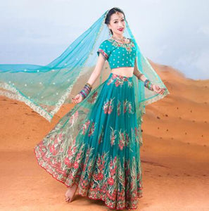 2022 India Sarees For Performance Woman  Peacock Blue Lehenga Choli  Belly Dancing Dress Gold thread Embroideried Lady Dress